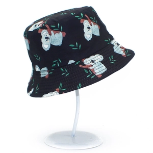 Black cotton bucket hat with cute cartoon koala and bamboo patterns on display stand