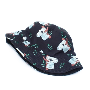 Detail of creative cartoon koala print pattern on black outdoor casual bucket hat