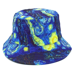 Double Sided Wear Vintage Oil Painting Van Gogh Starry Night Floral Print Bucket Hat Women Men Cotton Outdoor Fashion Sun Hat