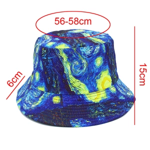 Detailed size specifications of starry night print reversible bucket hat with dimensions