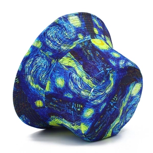 Detailed view of bucket hat featuring Van Gogh Starry Night oil painting art print