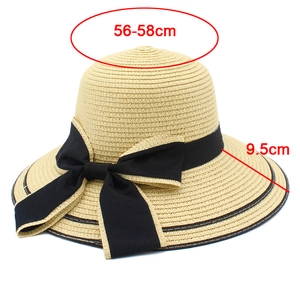 Detail showing women's straw sun hat dimensions with 56-58cm head circumference and 9.5cm brim