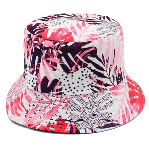 Fashionable tropical leaf print bucket hat in pink and black for sun protection
