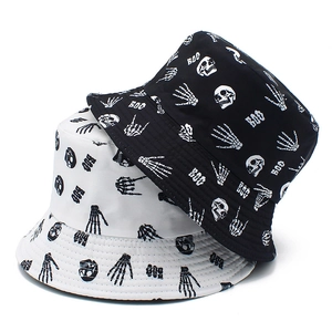Halloween Skull Print Bucket Hat Cotton Skeleton BOO Pattern Hip Hop Sunshade Unisex Streetwear Fashion Foldable Fisherman Cap