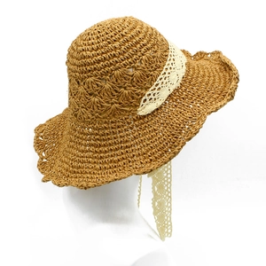 Foldable straw sun hat for women with lace ribbon and hollow flower weaving details