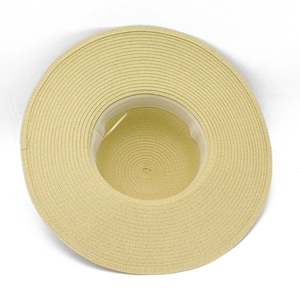 Women's foldable wide-brim straw hat in beige with adjustable strap for sun protection