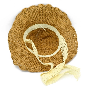 Detail of hand-woven straw hat interior with adjustable strap and lace ribbon tie