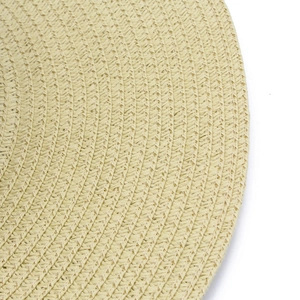 Macro shot of the spiral woven straw brim showing detailed texture and natural beige finish