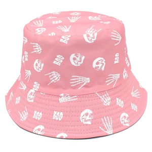 Pink bucket hat with white skull and BOO prints for sun protection and hip hop style
