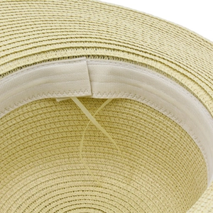 Detail of the inner beige sweatband and adjustable string on the straw sun hat