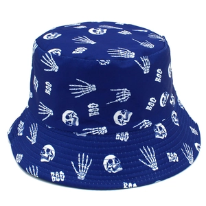 Detail of navy blue fisherman hat with white skull and BOO prints for street fashion