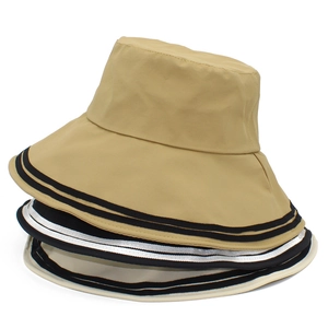 Women's wide brim sun hat with stripe ribbon details in khaki, black, and beige colors