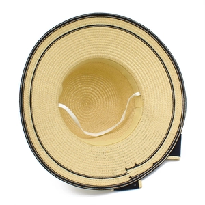 Elegant wide brim straw sun hat for women featuring a black bow and windproof strap