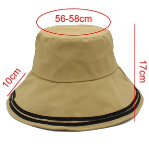 Detail view of khaki bucket hat with dimensions: 10cm brim and 56-58cm head circumference