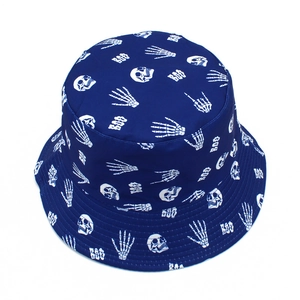 Detail of navy bucket hat with white skull and BOO prints for street style fashion