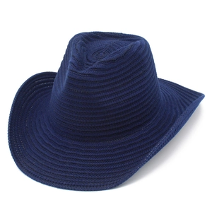 Classic navy blue knitted cowboy hat with pinched crown and wide upturned brim