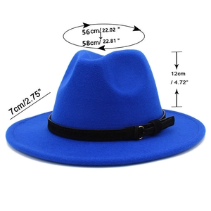 Detailed size specifications for royal blue wool fedora hat with wide brim and belt