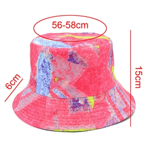 Detail view of colorful tie-dye bucket hat showing size dimensions 56-58cm circumference