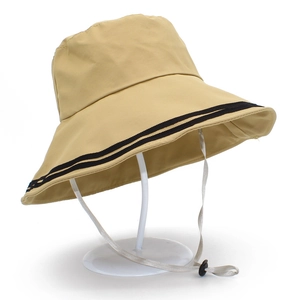 Women Summer Cotton Sunscreen Bucket Hat Wide Brim Anti-UV Foldable Sun Hat With Adjustable Windproof String Contrast Stripe