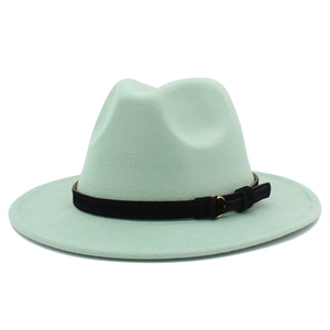 Elegant mint green fedora wool hat with wide brim and black buckled leather band