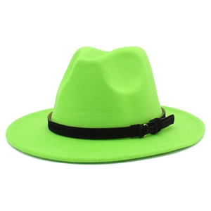 Close-up of neon green fedora hat with a black leather band and golden metal buckle