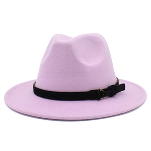 Detail of lavender wool fedora with black leather band and gold buckle on white background