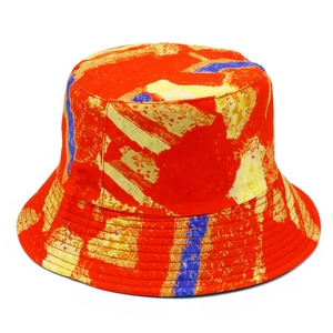 Colorful reversible bucket hat with red yellow blue abstract print in durable canvas