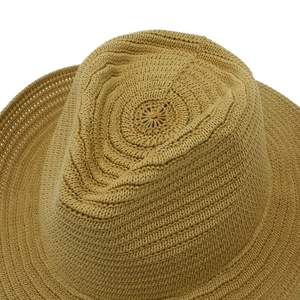 Detailed close-up showing the fine texture and craftsmanship of the woven straw fedora hat