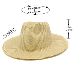 Detailed size specifications for beige raffia straw hat with fringed brim and crown height
