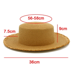 Dettagli del cappello di paglia con misure di tesa, corona e circonferenza evidenziate