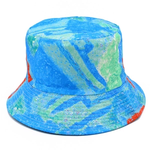 Colorful reversible cotton bucket hat with abstract oil painting tie-dye print for sun protection