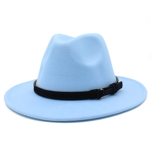 Close-up of light blue fedora with black ribbon band and gold metal buckle detail