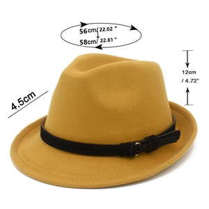Detail view of ginger wool fedora hat with black belt and size 56-58cm dimensions