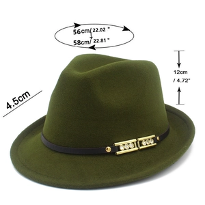 Detail view of dark green wool fedora with 4.5cm brim and gold buckle with rhinestones
