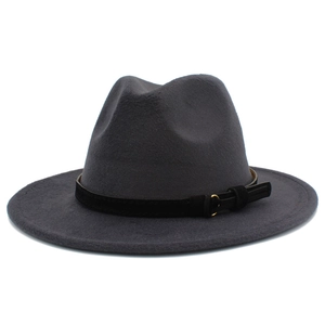 Detail of dark grey wool fedora hat featuring a black leather band with a gold metal buckle