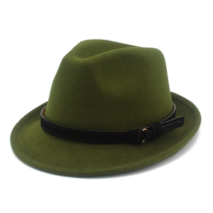 Classic olive green fedora hat with black decorative band and gold buckle detail