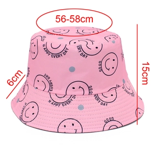 Dimensions du bob rose smiley montrant la largeur du bord et le tour de tête détaillé
