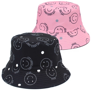 Chapeaux bobs réversibles à motifs smiley en rose et noir pour une protection solaire