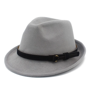 Classic grey wool fedora hat with a black decorative band and golden metal buckle