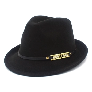 Detail of classic black wool fedora featuring a slim band with sparkling crystal metal buckle