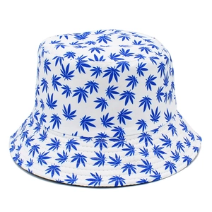 White canvas bucket hat with all-over blue maple leaf print for casual sun protection