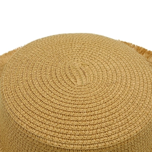 Close-up of woven straw hat crown showing spiral texture and frayed edges details