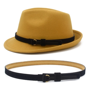 Elegant yellow wool fedora hat with black suede belt and gold metallic ring buckle detail
