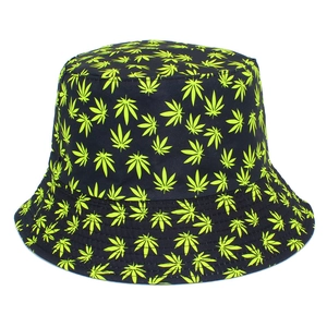 Unisex black bucket hat with vibrant green leaf patterns for outdoor sun protection