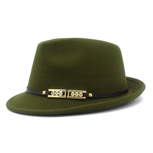 Detailed side view of green wool fedora hat with elegant gold rhinestone belt buckle