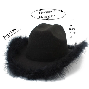 Size diagram of black western cowboy hat with feather trim and 7cm wide brim detail