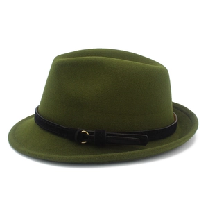 Detail of dark green wool jazz hat featuring a black leather band and gold metal buckle