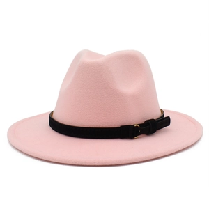 Pink wide brim fedora hat with black leather belt and gold buckle for men and women