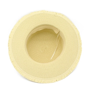 Detail of straw hat interior showing sweatband and adjustable drawstring for custom fit