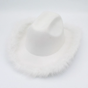 Detail of white western cowboy hat featuring plush white faux feather trim on the brim